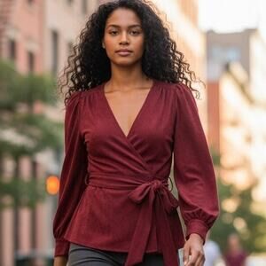 Favlux deep crimson "microsuede" belted blouse